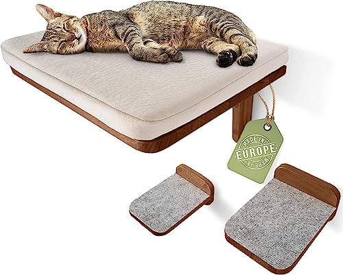 WOOWOOD® Kletterwand Katzen inkl. 2X Katzentreppe Wand [aus Europa] I Kratzbaum Wand I katzenhängematte I Katzen Wand Klettern I Katzenwand I Wandkratzbaum I Katzenmöbel (Katzenliege-Walnuss) von WOOWOOD
