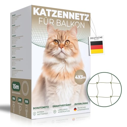 WOOWOOD Katzennetz für Balkon [Ohne Bohren] - Katzennetz Drahtverstärkt - Katzenschutznetz Wetterfest & UV-beständig - Katzengitter Inkl. 20 Kabelbinder & Dübel - Katzennetz Balkon und Fenster (4X3m) von WOOWOOD