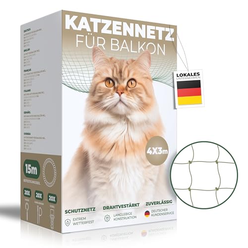 WOOWOOD Katzennetz für Balkon [Ohne Bohren] - Katzennetz Drahtverstärkt - Katzenschutznetz Wetterfest & UV-beständig - Katzengitter Inkl. 20 Kabelbinder & Dübel - Katzennetz Balkon und Fenster (4X3m) von WOOWOOD