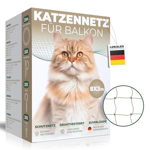 WOOWOOD Katzennetz für Balkon [Ohne Bohren] - Katzennetz Drahtverstärkt - Katzenschutznetz Wetterfest & UV-beständig - Katzengitter Inkl. 20 Kabelbinder & Dübel - Katzennetz Balkon und Fenster (8X3m) von WOOWOOD