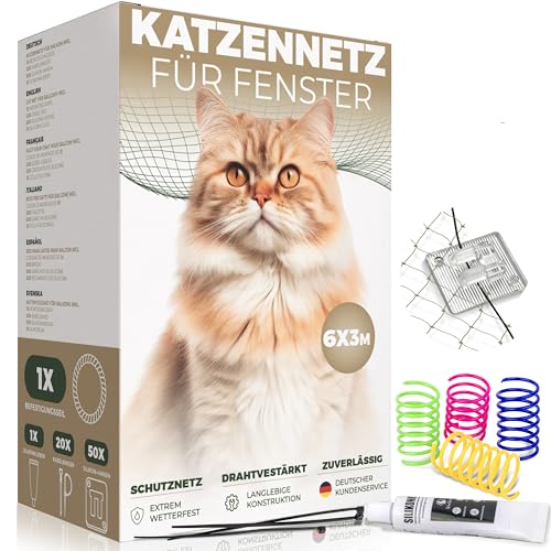 WOOWOOD Katzennetz Fenster mit Klebehaken & Silikonkleber - Katzennetz für Balkon - Katzennetz Drahtverstärkt - Katzennetz Balkon-Katzenschutznetz Wetterfest & UV-beständig - Katzengitter (6X3m) von WOOWOOD