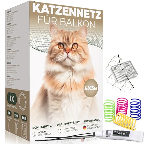 WOOWOOD Katzennetz für Balkon (Ohne Bohren)- mit Klebehaken & Silikonkleber - Katzennetz Drahtverstärkt - Katzenschutznetz Wetterfest - Katzennetz Fenster Katzengitter - Katzennetz Balkon (4X3m) von WOOWOOD