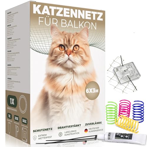 WOOWOOD Katzennetz für Balkon ohne Bohren - mit Klebehaken & Silikonkleber - Katzennetz Drahtverstärkt - Katzenschutznetz Wetterfest - Katzennetz Fenster - Katzengitter - Katzennetz Balkon (6X3m) von WOOWOOD