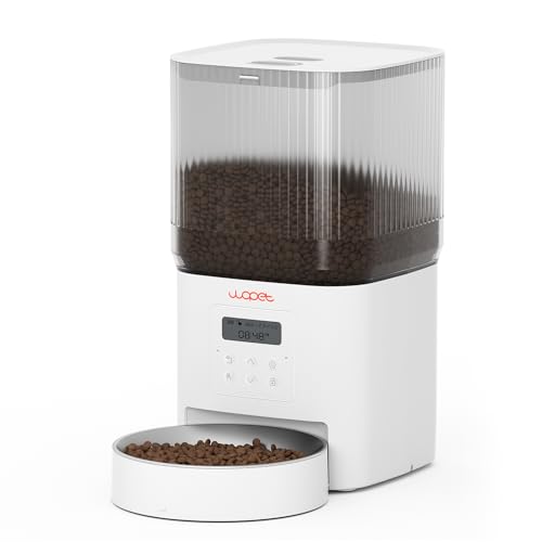 WOPET Futterautomat Katze 4L- Katzenfutter Automat 180 Tage Akkulaufzeit (1-6 Mahlzeiten/Tag, Trockenfutter) Futterspender für Katzen/Hunde,Edelstahlschüssel,Doppelnetzteil,Weiß von WOPET