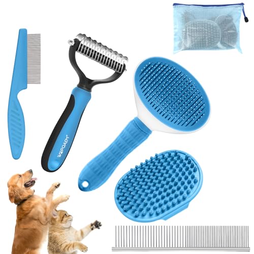 WOPQAEM Hundebürsten-Set, 5-teiliges Fellpflege-Set, selbstreinigend, für große und mittelgroße Hunde, Katzen sowie kleine Haustiere, ideal für Lang- und Kurzhaar, reduziert Haaren, blau von WOPQAEM