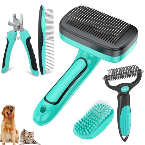 WOPQAEM Hundebürste für Hunde und Katzen, selbstreinigend, für Unterwolle und loses Fell, ideal für Lang- und Kurzhaar, sanft zur Haut, reduziert Haaren, 5-teiliges Fellpflege Bürste Set, Grün WOPQAEM Hundebürste für Hunde und Katzen, selbstreinigend, für Unterwolle und loses Fell, ideal für Lang- und Kurzhaar, sanft zur Haut, reduziert Haaren, 5-teiliges Fellpflege Bürste Set, Grün von WOPQAEM