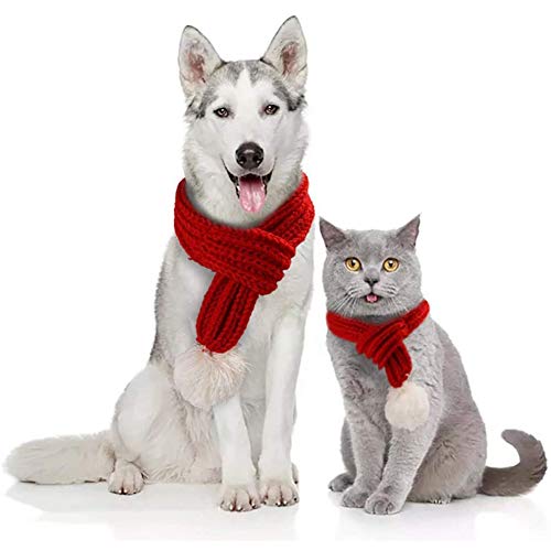 WORDERFUL Katze Weihnachten Strickschal mit weißem Pompon Haustier Warmes Halsband Winter Urlaub Hund Zubehör für kleine mittelgroße Katzen Hunde Schöne Winter-Outfits (L, Rot) von WORDERFUL