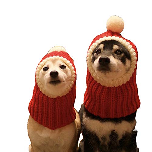 WORDERFUL Weihnachts-Hundemütze mit niedlichem Pompon gehäkeltem Schlauchschal für Hunde, lustige Mütze, rot, warme Wintermütze für Haustiere, Damen, Herren (XL, Rot) von WORDERFUL