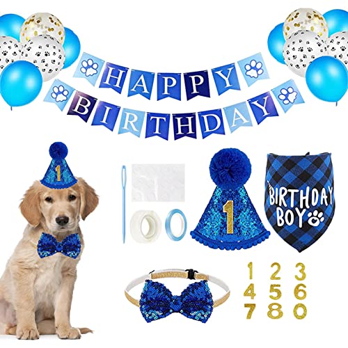 Hunde-Geburtstagsparty-Zubehör | Hunde-Geburtstagsparty-Zubehör für Jungen und Mädchen, Hunde-Geburtstagsparty-Dekorationen, blauer Ballon-Sabbertuch, dreieckiges Handtuch, Halsband, Hut von WOTEG