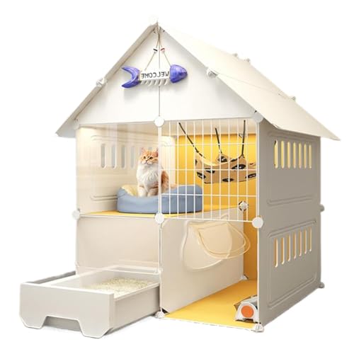 Großer Katzenkäfig mit 2 Ebenen, Katzenkäfige für den Innenbereich mit Schublade, Katzentoilette mit 2 Türen, für 2 Katzen Großer Katzenkäfig mit 2 Ebenen, Katzenkäfige für den Innenbereich mit Schublade, Katzentoilette mit 2 Türen, für 2 Katzen von WOTZOV