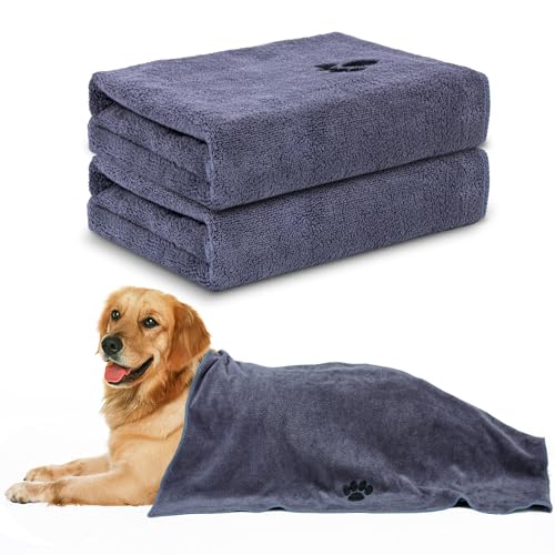 WOUSEDO Mikrofaser-Hundehandtücher zum Trocknen von Hunden, 101,6 x 60,9 cm, super saugfähiges und weiches Haustierpflegetuch, perfektes Dusch- und Badezubehör für Hunde (2er-Pack, Grau) von WOUSEDO