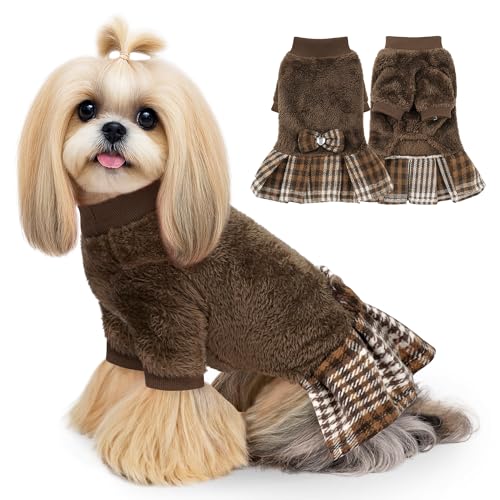WOYYHO Fleece-Hundepullover für kleine Hunde und Mädchen, mit kariertem Rock und Fliege, Braun, Größe M, Winter-Hundekleidung, Pullover, Kleider, langärmeliger Pullover für Welpen, Chihuahua, Yorkie WOYYHO Fleece-Hundepullover für kleine Hunde und Mädchen, mit kariertem Rock und Fliege, Braun, Größe M, Winter-Hundekleidung, Pullover, Kleider, langärmeliger Pullover für Welpen, Chihuahua, Yorkie von WOYYHO
