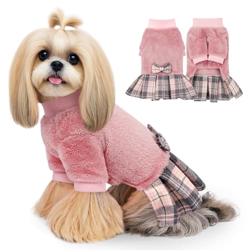 WOYYHO Fleecepullover für kleine Hunde mit kariertem Rock und Fliegen, mittelhoher Halsausschnitt, Rosa, Größe M, Winter-Hundekleidung, Pullover, Kleid, Outfit, langärmelig, Thermo-Pullover für Welpen von WOYYHO