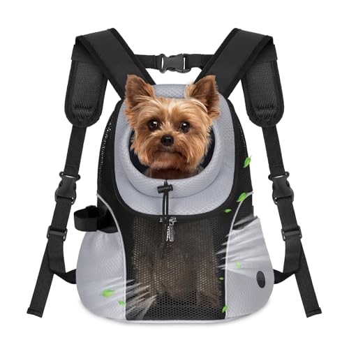 WOYYHO Haustier-Hundetragerucksack für kleine Hunde, Vorderrucksack, belüftetes Netzgewebe, Reise-Rucksack mit Sicherheitsgurt für Reisen, Wandern, Radfahren, Outdoor (S (unter 2,3 kg), Grau) von WOYYHO