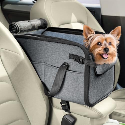 WOYYHO Hunde-Autositz für kleine Hundekonsole, Hundeautositz, Haustier-Boostersitz für Auto, wasserdicht, Welpenautositz für kleine Hunde unter 6,8 kg (grau) von WOYYHO