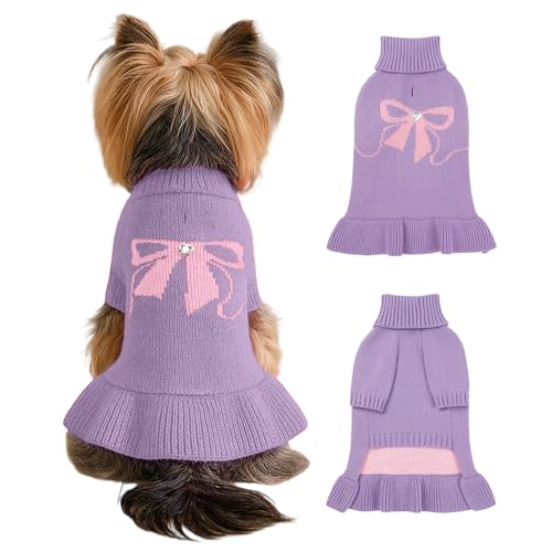 WOYYHO Hunde-Pulloverkleid für kleine Hunde und Mädchen mit Schleifenmuster, lila, Größe S, mit Loch für die Leine, Herbst und Winter, Hundekleidung für Welpen, Chihuahua, Yorkie, Dackel WOYYHO Hunde-Pulloverkleid für kleine Hunde und Mädchen mit Schleifenmuster, lila, Größe S, mit Loch für die Leine, Herbst und Winter, Hundekleidung für Welpen, Chihuahua, Yorkie, Dackel von WOYYHO