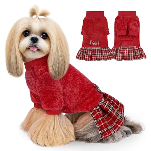 WOYYHO Hundepullover aus Fleece, mit kariertem Rock, Rot, Größe M, Winterkleidung für kleine Hunde und Mädchen, langärmeliger Pullover mit Fliege, für Welpen, Chihuahua, Yorkie WOYYHO Hundepullover aus Fleece, mit kariertem Rock, Rot, Größe M, Winterkleidung für kleine Hunde und Mädchen, langärmeliger Pullover mit Fliege, für Welpen, Chihuahua, Yorkie von WOYYHO