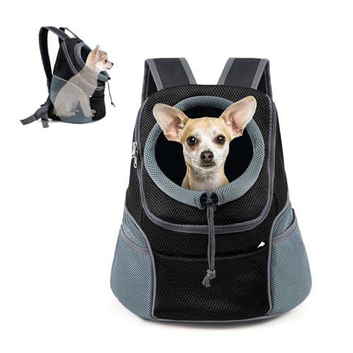 WOYYHO Hunderucksack, atmungsaktiv, für Haustiere, Welpen, Vordertasche mit unterer Rückenstützplatte für kleine, mittelgroße Hunde, reflektierend, Katzentasche für Reisen, Wandern, Camping (Schwarz, von WOYYHO