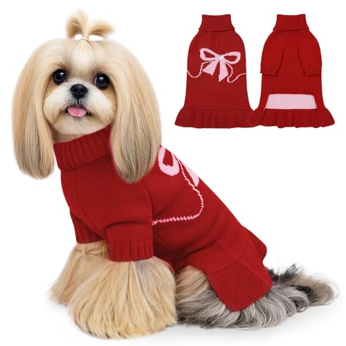 WOYYHO Weihnachtspulloverkleid für kleine Hunde und Mädchen mit Schleifenmuster, rot, Größe L, für Herbst und Winter, Hundekleid mit Loch für die Leine, Outfit für Welpen, Yorkie, Dackel, Französische von WOYYHO