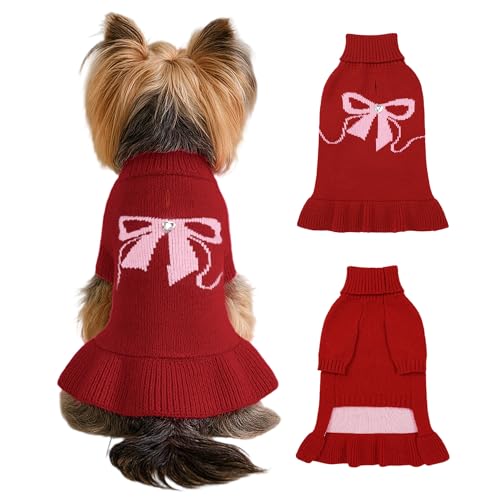 WOYYHO Weihnachtspulloverkleid für kleine Hunde und Mädchen mit Schleifenmuster, rot, Größe M, für Herbst und Winter, Hundekleid mit Loch für die Leine, Outfit für Welpen, Chihuahua, Yorkie, Dackel WOYYHO Weihnachtspulloverkleid für kleine Hunde und Mädchen mit Schleifenmuster, rot, Größe M, für Herbst und Winter, Hundekleid mit Loch für die Leine, Outfit für Welpen, Chihuahua, Yorkie, Dackel von WOYYHO
