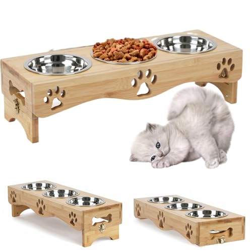 WPAJIRZO Katzennapf 3er Set erhöht - Edelstahl Näpfe für Wasser & Futter, Höhenverstellbar Futterstation mit Holzständer - ergonomisch Futterbar für Katzen & Welpen von WPAJIRZO