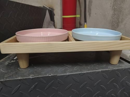 Katzennapf flach 2er Set mit Holzständer, 2 Näpfe aus Keramik à 16 cm, Erhöhter Futterplatz 36 x 18 x 7,5 cm, Rosa & Blau von WPAJIRZO