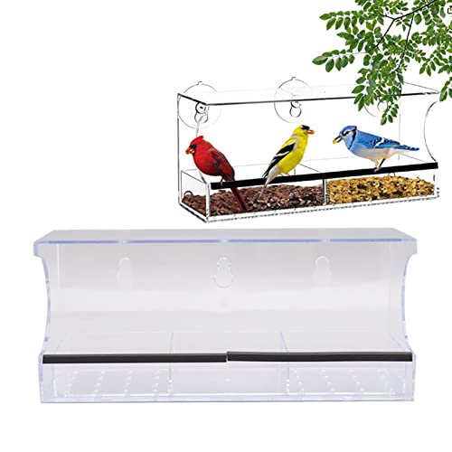 WPKD BLUEIY Fenster Vogelfutterspender, 29,8 X 10 cm, Großes Fassungsvermögen, Transparent, Transparent, Rechteckiges Futtertablett mit Starkem Saugnapf für Zuhause, Balkon, Gartenfenster von WPKD BLUEIY