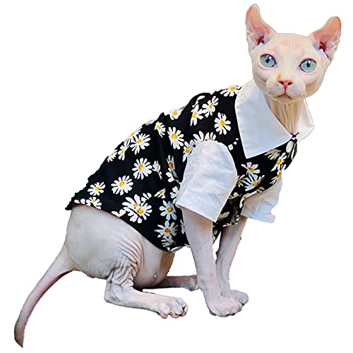 Sphynx Katze Sommerkleidung Mode Blumendruck Atmungsaktiv Weiche Knopf Baumwolle Weste Haustier Kleidung für Katze Kätzchen Shirts mit Ärmeln (Schwarzer Druck, XXL (5-6,8 kg)) von WQCXYHW