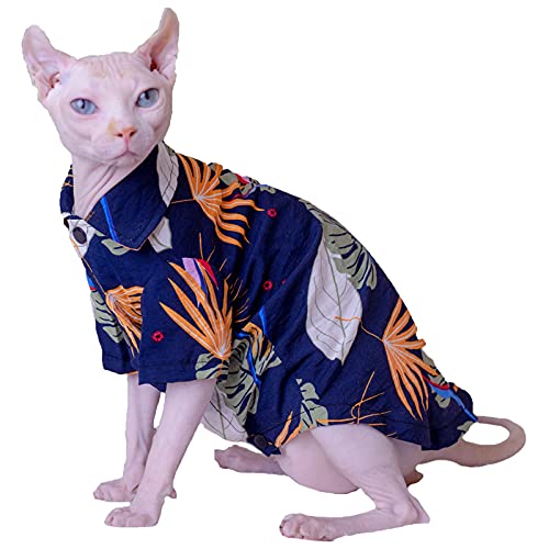 Sphynx Katzen-Kleidung Sommer Atmungsaktiv Dünn Druck Vintage Baumwolle T-Shirts Knopf Shirt Haustier Kleidung für Katze Weste Haarlos Katzenshirts (Blau, XXL (5-6,8 kg)) von WQCXYHW