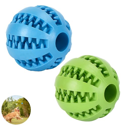 WQEDVN Leckerli-Spender, Leckerli-Spender, Hundespielzeug, Leckerli-Ball, Leckerli-Spielzeug, Gummi-Futterball, für kleine Hunde, Zahnreinigung, Leckerli-Dosierung, IQ-Training (Blau und Grün), 2 von WQEDVN