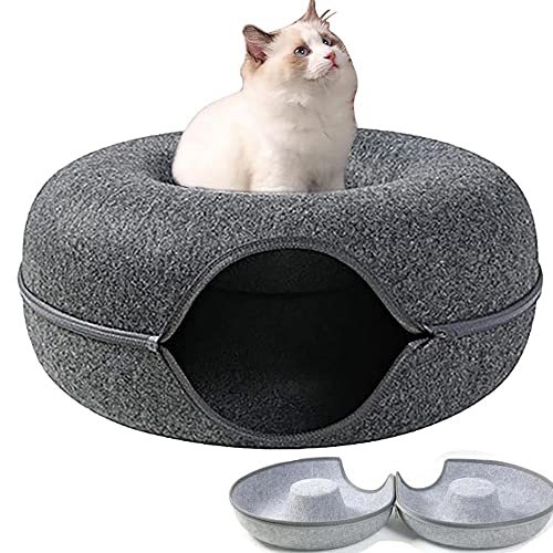 Removable Cat Nest,Round Donut Felt Pet Nest,Semi-Closed Washable Cat Tunnel Nest,Four Seasons Available Cat Nest for All Dogs Cats (20inch, Black) von WQIAOBX