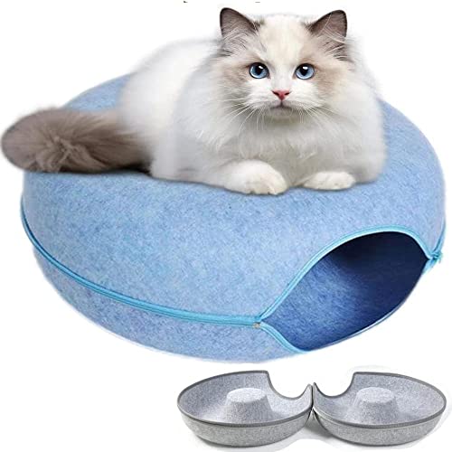 Removable Cat Nest,Round Donut Felt Pet Nest,Semi-Closed Washable Cat Tunnel Nest,Four Seasons Available Cat Nest for All Dogs Cats (20inch, Blue) von WQIAOBX