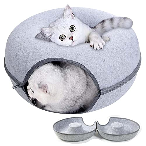 Removable Cat Nest,Round Donut Felt Pet Nest,Semi-Closed Washable Cat Tunnel Nest,Four Seasons Available Cat Nest for All Dogs Cats (20inch, Grey) von WQIAOBX