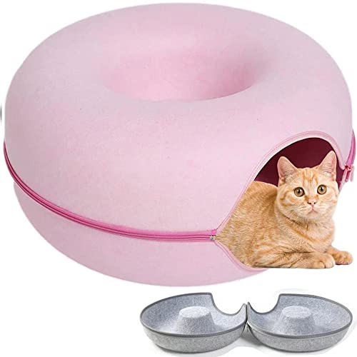 Removable Cat Nest,Round Donut Felt Pet Nest,Semi-Closed Washable Cat Tunnel Nest,Four Seasons Available Cat Nest for All Dogs Cats (20inch, Pink) von WQIAOBX