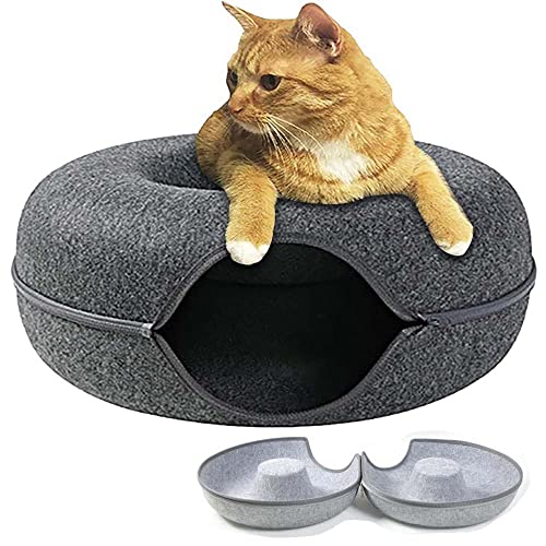Removable Cat Nest,Round Donut Felt Pet Nest,Semi-Closed Washable Cat Tunnel Nest,Four Seasons Available Cat Nest for All Dogs Cats (24inch, Black) von WQIAOBX