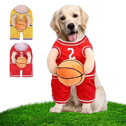 WQTHU Basketballkostüm für Hunde mit Ball,Basketballspielerkostüm für Hunde mit Ball,Halloweenkostüm für Hunde,Basketballkostüm für Hunde mit Ball in der Hand (S,Rot) von WQTHU