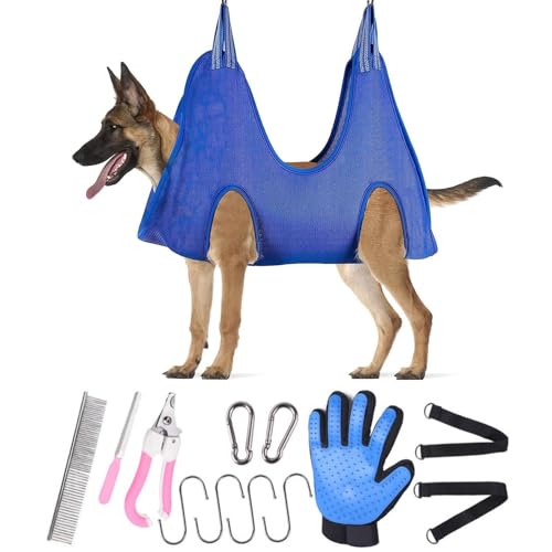 WREWING Haustierpflege-Hängematte für Katzen und Hunde, atmungsaktiv, blaues Fesselband für sicheres Nageltrimmen (L) von WREWING