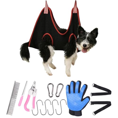 WREWING Haustierpflege-Hängematte für Katzen und Hunde, atmungsaktives Fesselband für sicheres Nageltrimmen und Pflegen (M, Schwarz/Rot) von WREWING