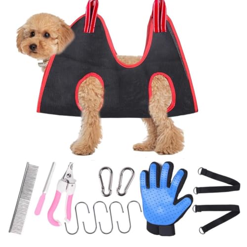 WREWING Haustierpflege-Hängematte für Katzen und Hunde, atmungsaktives Fesselband für sicheres Nageltrimmen und Pflegen (S, Schwarz/Rot) von WREWING