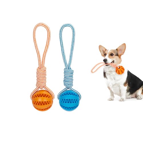 WREWING Kauspielzeug für Hunde mit Seil – Silikon-Zahnball für aggressive Kauer, Zahnhilfe für Welpen und Leckerli-Spender (2 Stück, Blau und Orange) von WREWING