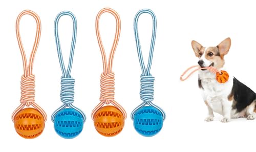 WREWING Kauspielzeug für Hunde mit Seil – Silikon-Zahnball für aggressive Kauer, Zahnhilfe für Welpen und Leckerli-Spender (4 Stück, Blau und Orange) von WREWING