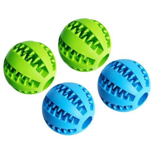 WREWING Silikon-Kauspielzeug für Hunde, Zahnpflege-Ball mit Leckerli-Loch, Zahnlinderung und Apportierspielzeug – Blau & Grün (4 Stück) von WREWING