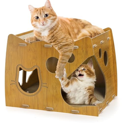 WRINGKIT 2-stöckiges Katzenkratzhaus, 2 in 1 Katzenhaus aus Karton mit Kratzpads, großes Katzenhaus Lounge für Indoor-Katzen zum Ausruhen und Verstecken, maximale Tragfähigkeit 29.9 kg von WRINGKIT