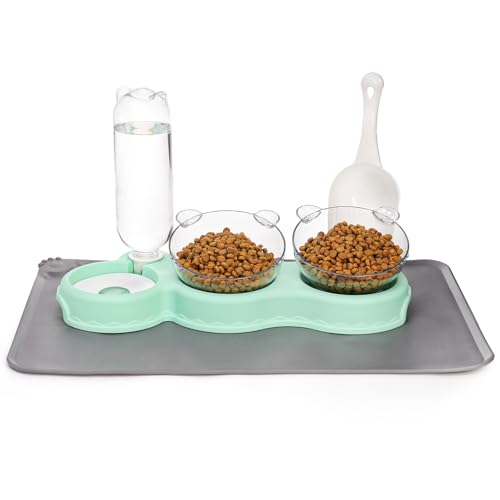 WRINGKIT Katzenfutter Wassernapf, Dreifach Katzennäpfe mit Matte und Schaufel, 15° geneigte erhöhte Katzennapf Schalen mit automatischer Wasserflasche, Haustier-Futternäpfe für Katze, kleine Hunde, WRINGKIT Katzenfutter Wassernapf, Dreifach Katzennäpfe mit Matte und Schaufel, 15° geneigte erhöhte Katzennapf Schalen mit automatischer Wasserflasche, Haustier-Futternäpfe für Katze, kleine Hunde, von WRINGKIT