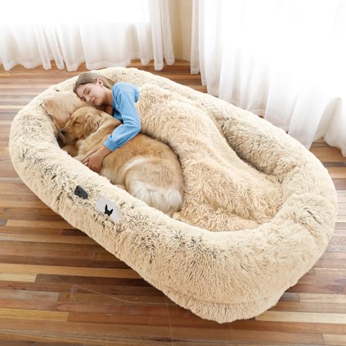 Menschen- und Haustierbett, 180 x 114 x 30 cm, waschbar, orthopädisches Hunde- und Menschenbett, pralles Kissen, Decke, Gurt, Beige Menschen- und Haustierbett, 180 x 114 x 30 cm, waschbar, orthopädisches Hunde- und Menschenbett, pralles Kissen, Decke, Gurt, Beige von WROS