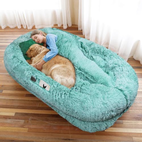 Hundebett, 180 x 114 x 30 cm, waschbar, Kunstfell-Hundebett für Menschen, orthopädisches Hundebett, pralles Kissen, Decke, Gurt, Grünweiß Hundebett, 180 x 114 x 30 cm, waschbar, Kunstfell-Hundebett für Menschen, orthopädisches Hundebett, pralles Kissen, Decke, Gurt, Grünweiß von WROS