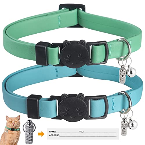 WROSWT Upgrade Breakaway Katzenhalsband mit Glocken, weiches Leder, Kätzchenhalsbänder mit Namensschild, verstellbare Sicherheitsschnalle, leicht, ideal für Mädchen, Welpen, 2 Stück (grün + blau) von WROSWT
