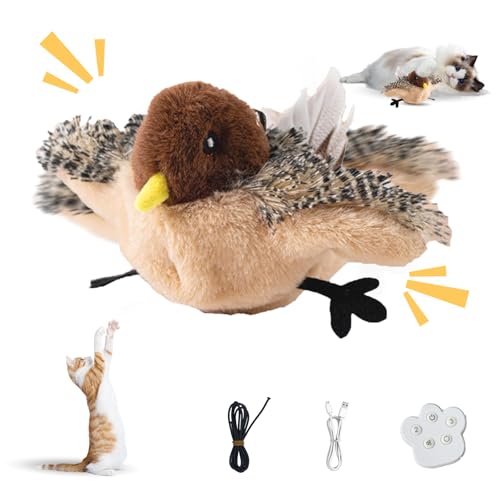 WRQIOO Interaktives Katzenspielzeug, 3 Flattermodi Flapping Vogel Katzenspielzeug, Wiederaufladbares Simuliertes Zwitschern Vogel Katzenspielzeug, Fernbedienung Beweglicher Vogel Katzenspielzeug von WRQIOO