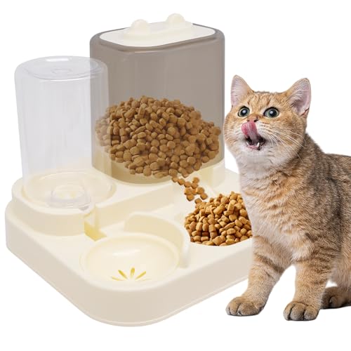 WSAMJIN Automatischer Katzenfutter und Wasserspender Set, 2-in-1 Schwerkraft Katzenfütterer, 1.5L Wasserspender und Futterautomat Großes Futterspender Katze für kleine Hunde, Welpen, Katzen (Weiße) von WSAMJIN