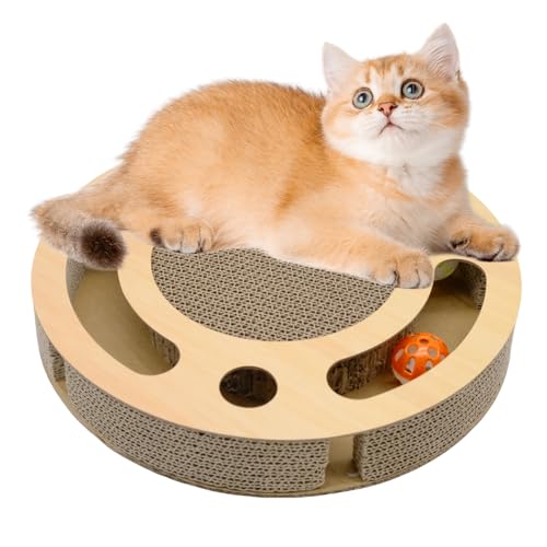Kratzbrett Katze mit Klingelballs, 3 in 1 Wellpappe Kratzpappe für Katzen, Interaktives Katzenspielzeug Stabilem Katzenkratzbretter Kratzmatte Zubehör für Katzen für Katzen (Rund) von WSAMJIN